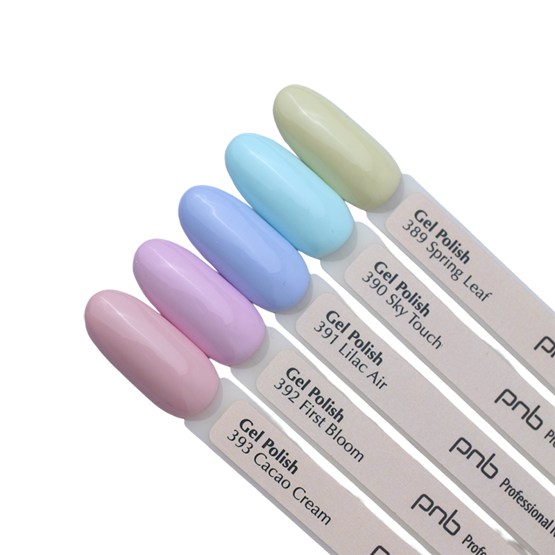 A palette of gel polishes on tips 389-393 PNB