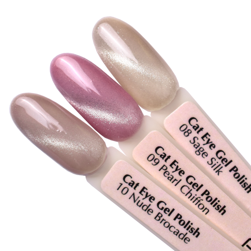 A palette of gel polishes on tips Cat Eye 08-10 PNB