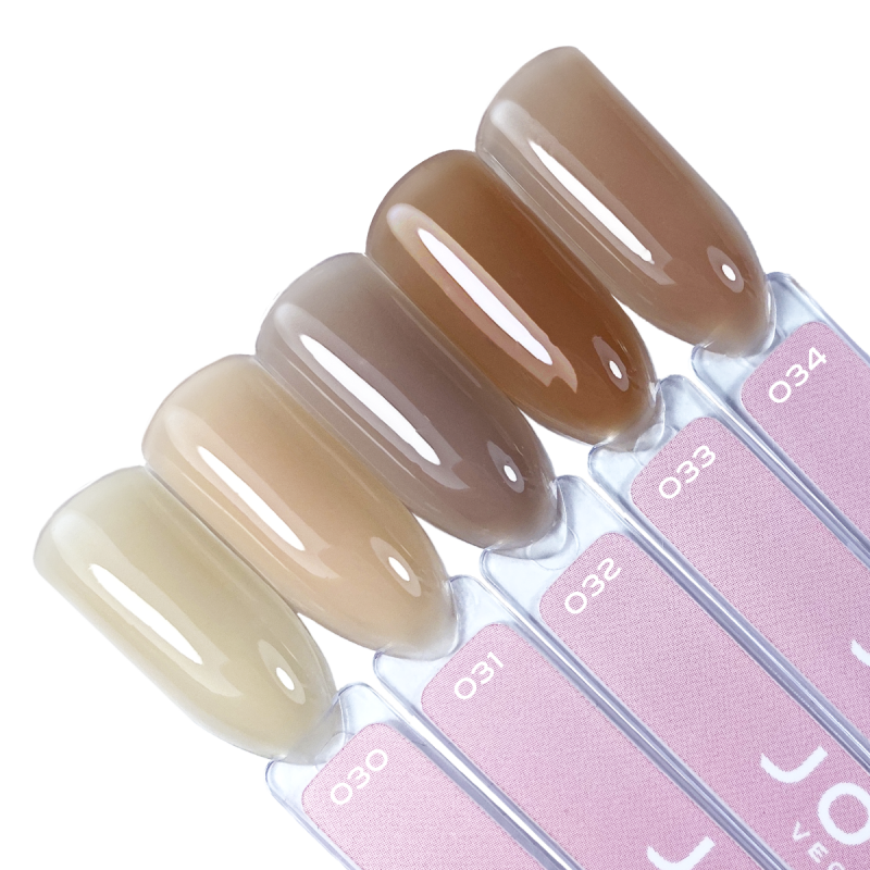 A palette of Creamy Builder Gel 030-034 on tips JOIA vegan