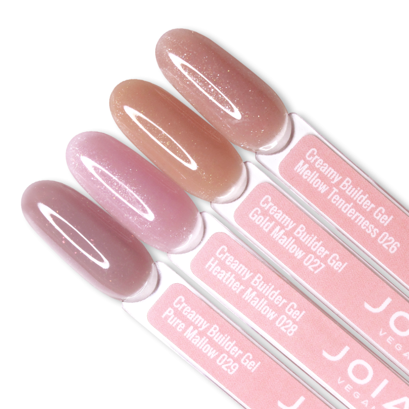 A palette of Creamy Builder Gel 025-029 on tips JOIA vegan