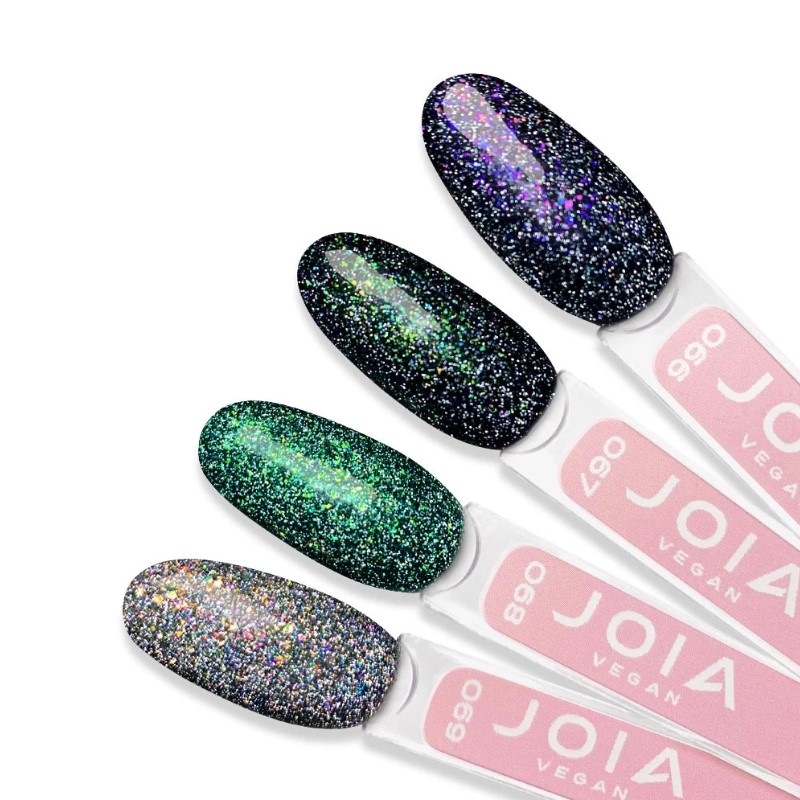 A palette of gel polishes on tips 066-069 JOIA vegan