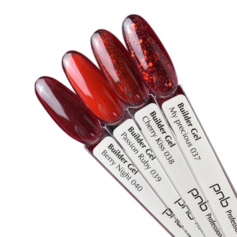 A palette of Builder Gel 037–040 Red Romance