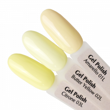 A palette of gel polishes on tips Butter Yellow PNB