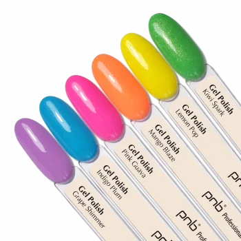 A palette of gel polishes on tips Juicy Spark PNB