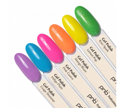 A palette of gel polishes on tips Juicy Spark PNB